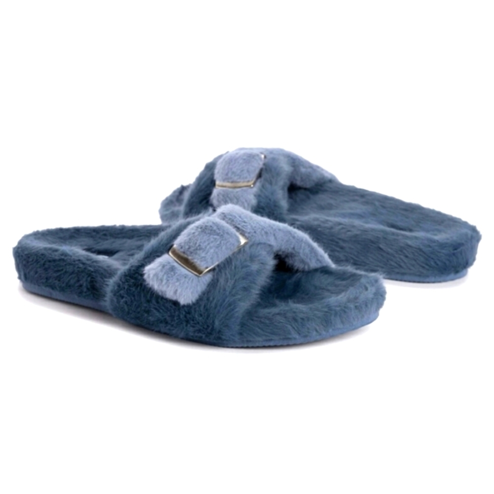 NEW Muk Luks Fuzzy Faux Fur Blue Slides Slippers W/ Silver Buckle Detail Cushion